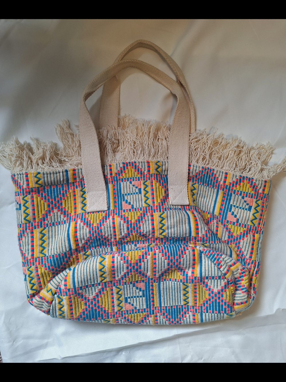 aerie Fringed Geometric Colorful Tote Bag with Cream Straps